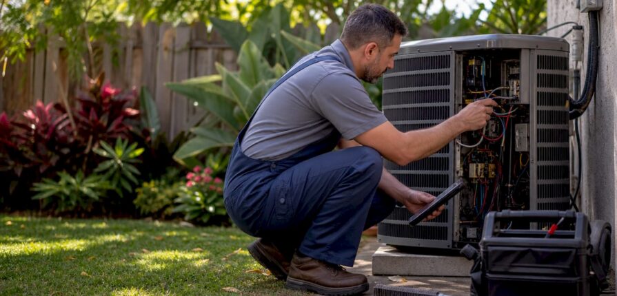 Technician inspecting outdoor HVAC unit