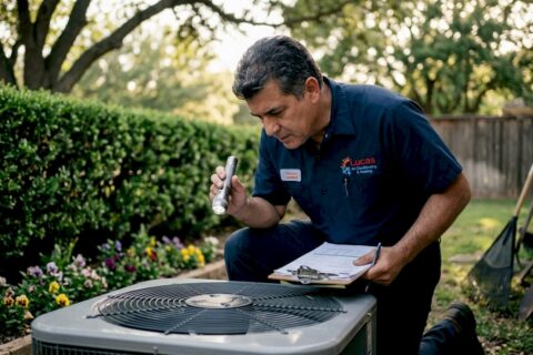 Technician inspecting home air conditioner unit