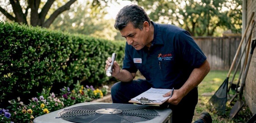 Technician inspecting home air conditioner unit