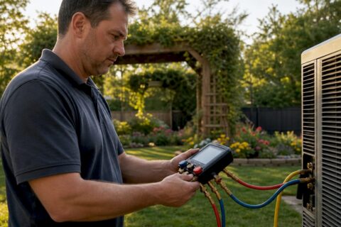 Homeowner checking heat pump refrigerant charge