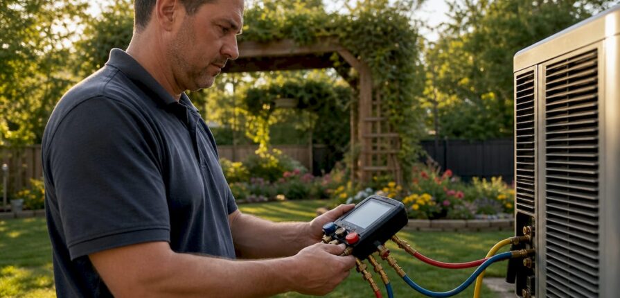Homeowner checking heat pump refrigerant charge