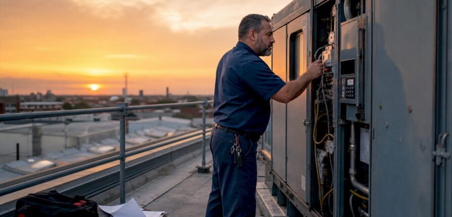 Technician inspecting commercial HVAC unit on rooftop