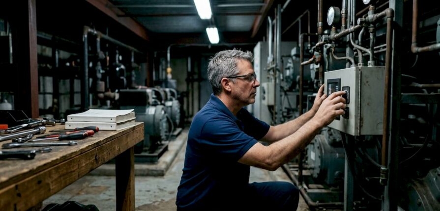 Facility manager inspecting refrigeration compressor rack
