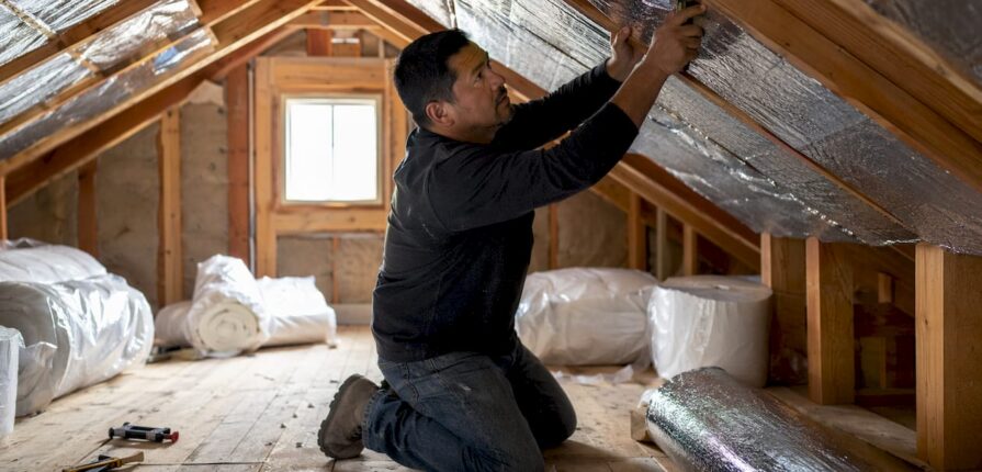 Man installing attic radiant heat barrier foil