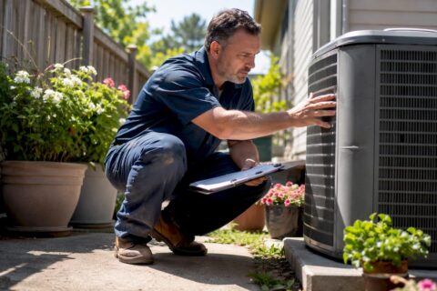 Technician inspecting residential AC unit outdoors