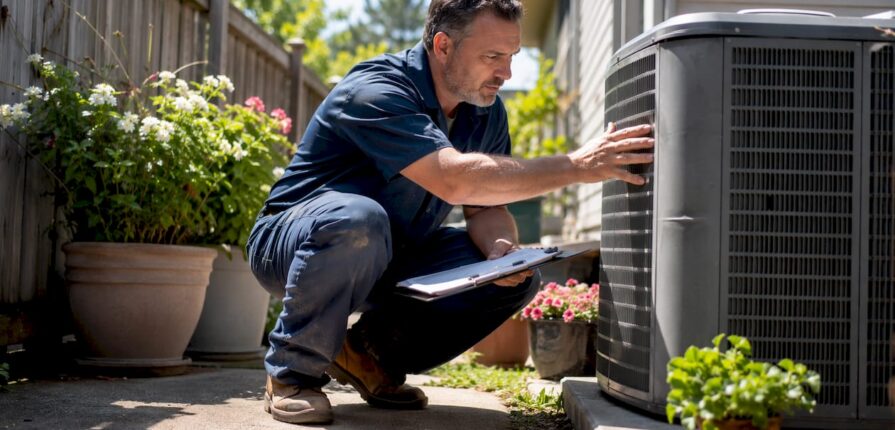 Technician inspecting residential AC unit outdoors