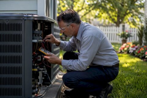 HVAC technician inspecting heat pump outdoors