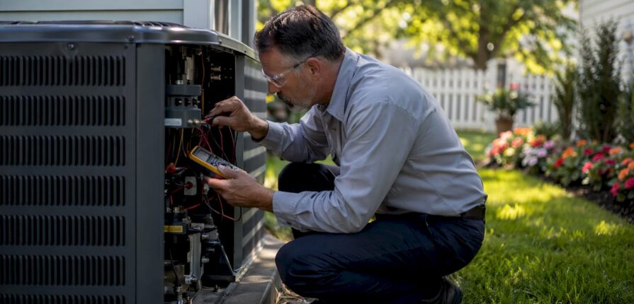 HVAC technician inspecting heat pump outdoors
