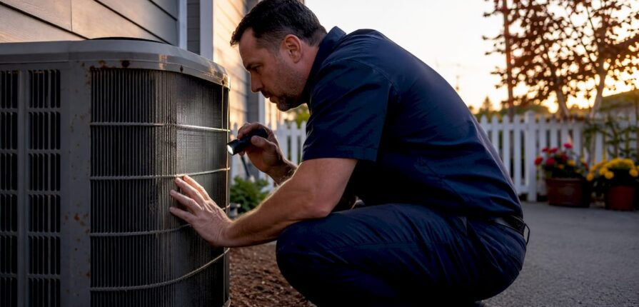 Technician inspecting frozen home AC unit