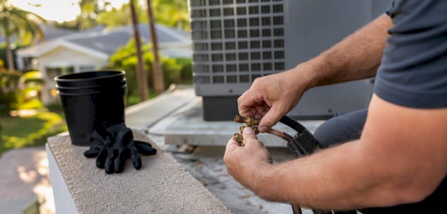 Technician disconnecting air conditioner compressor