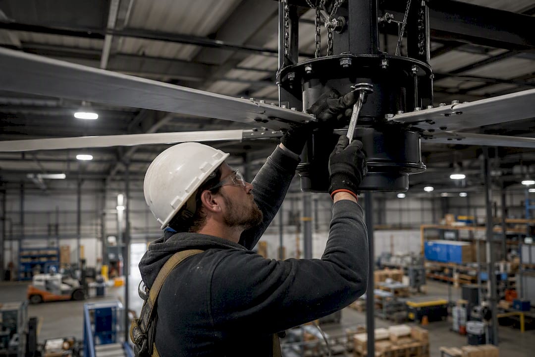 Hands inspecting HVLS fan mounting hardware