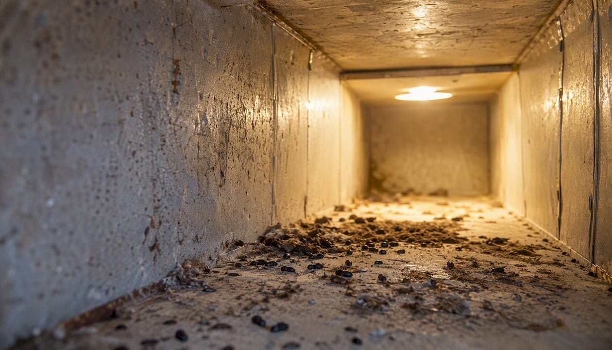 Rodent droppings inside flexible duct
