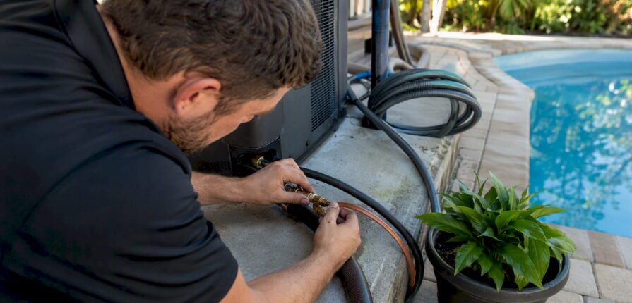 Technician installing pool heat pump connections