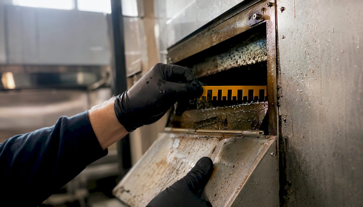 Hands measuring grease depth inside kitchen exhaust duct