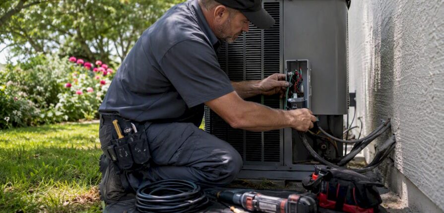 Technician installing HVAC surge protector at condenser