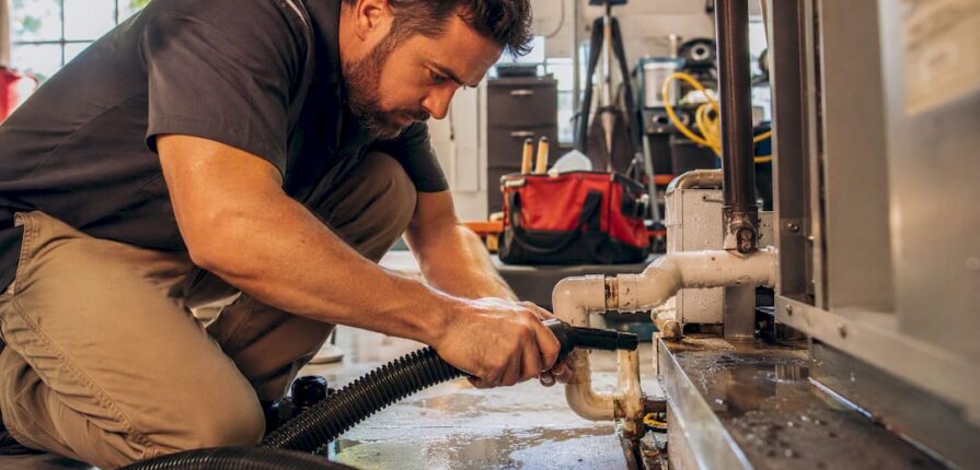 Technician clearing water leak in AC drain line