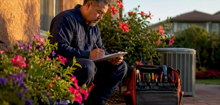 Technician inspecting HVAC unit outside home