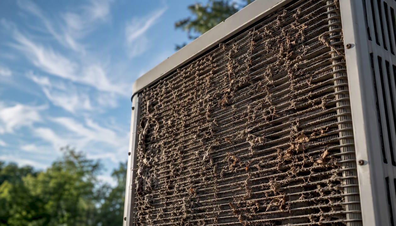 Close-up of dirty AC condenser coils outdoors