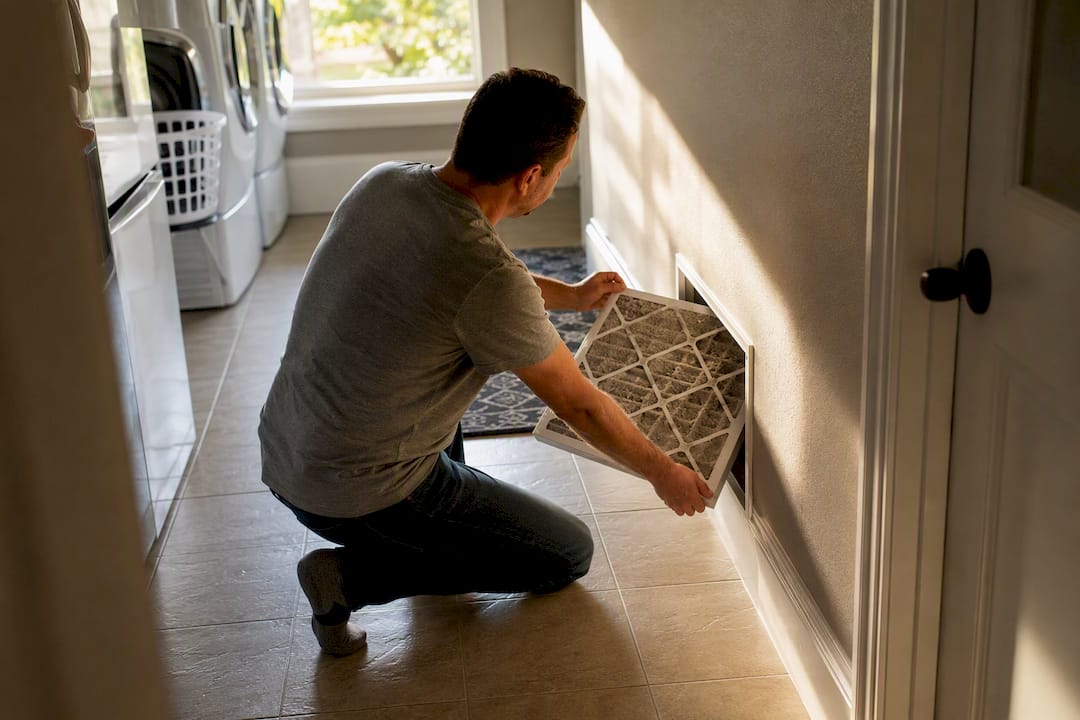 Hands removing dirty air filter from HVAC return vent