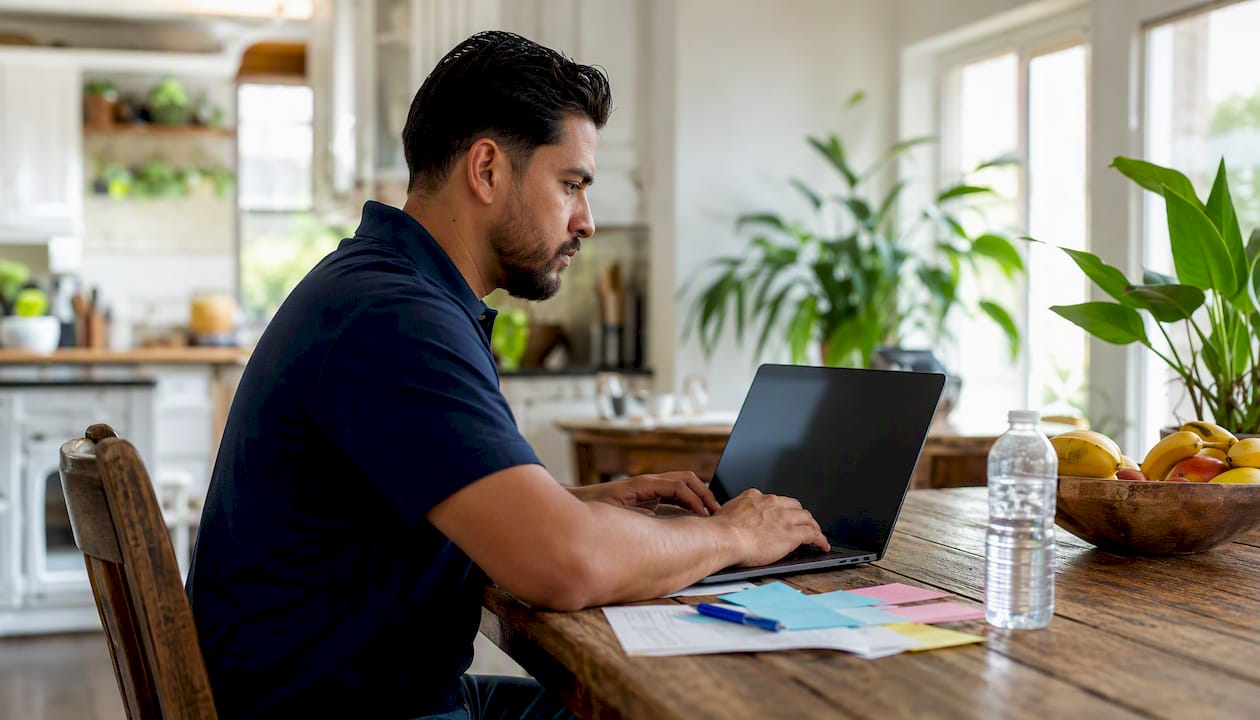 Close-up of sales rep typing on laptop