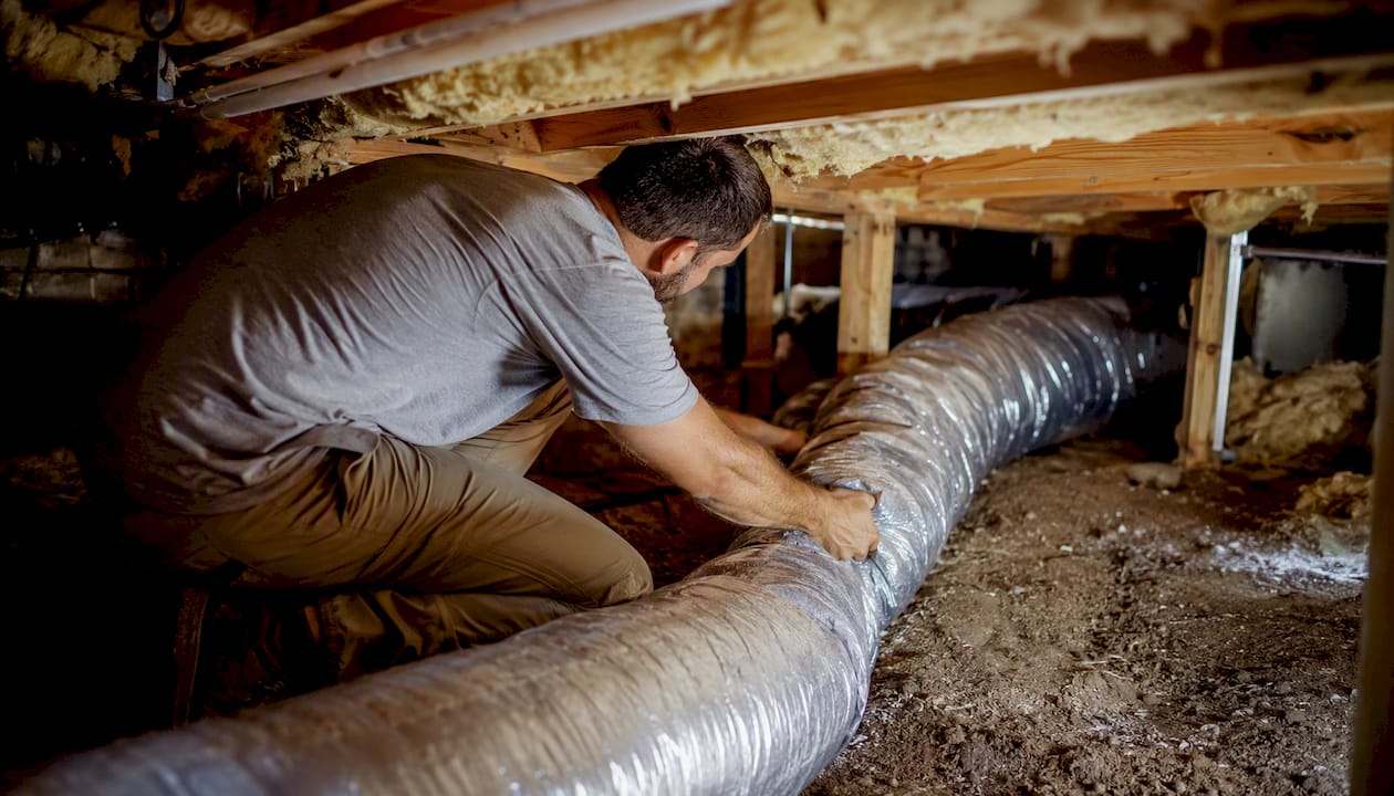 Hands installing insulated flex duct in crawlspace