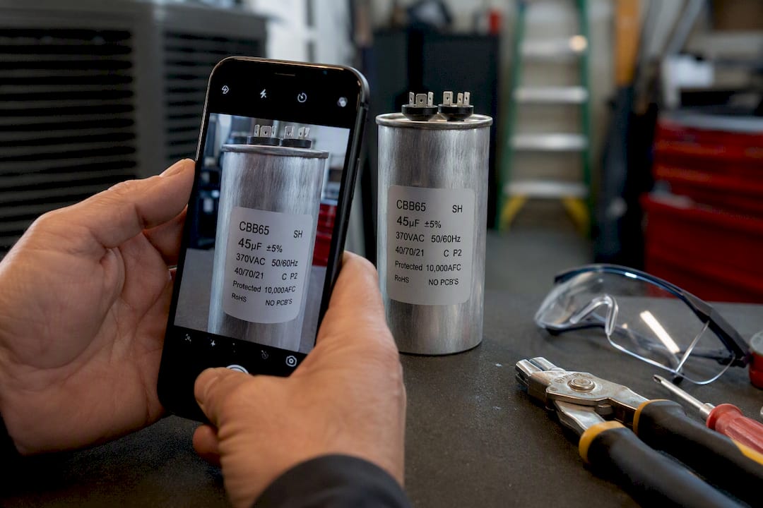 Phone photo of AC capacitor label