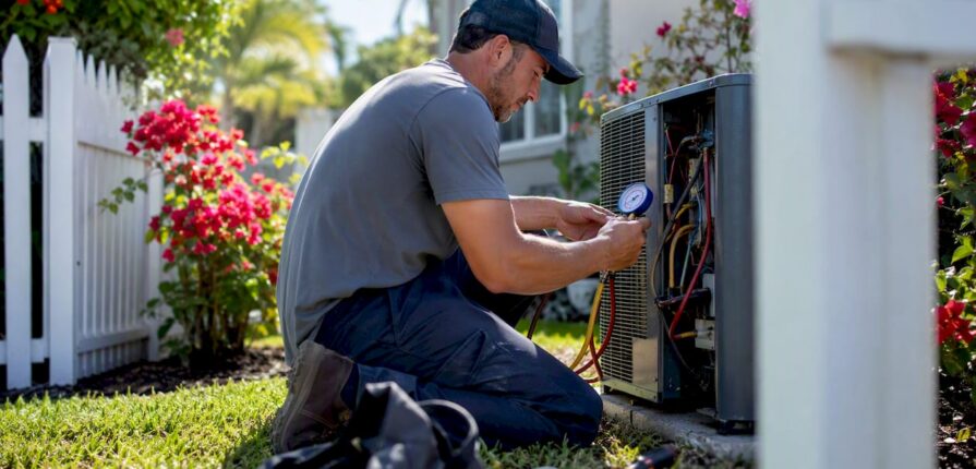 Technician inspecting outdoor HVAC unit