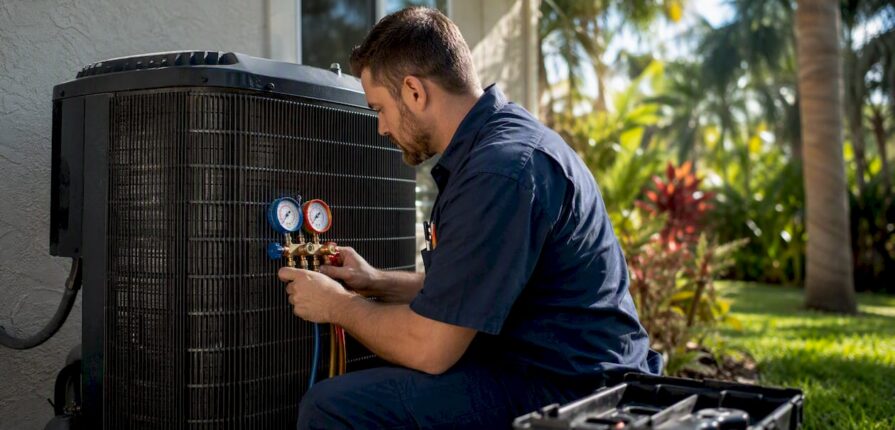 Technician working on residential AC unit outdoors