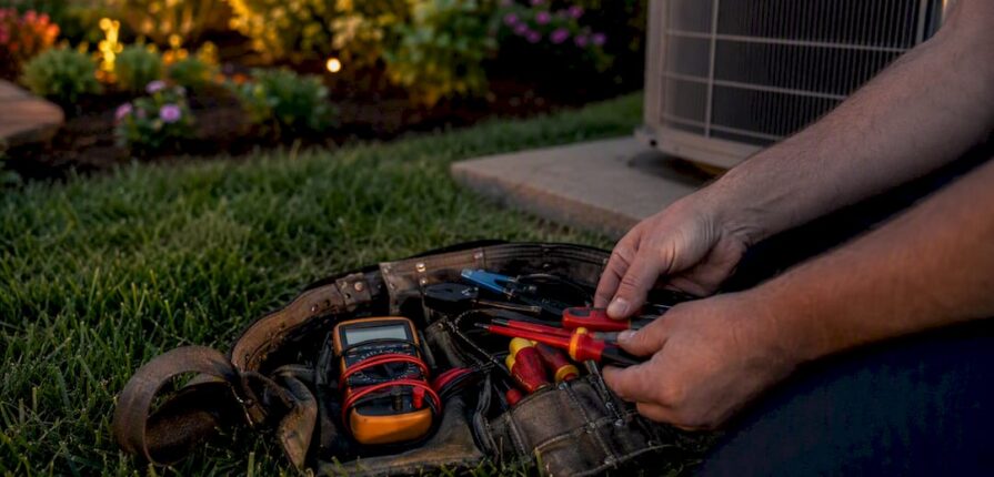 Technician tools by AC unit after sunset