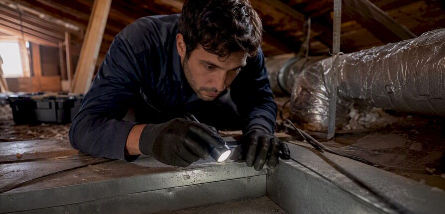 Technician inspecting home duct interior
