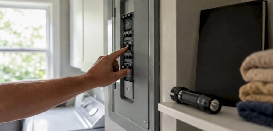 Hand reaching for tripped AC breaker switch