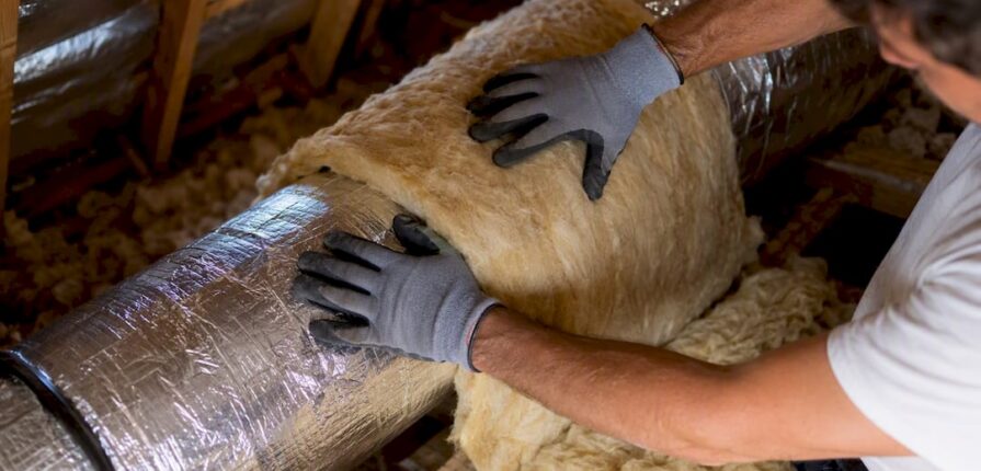 Technician hands wrapping duct insulation