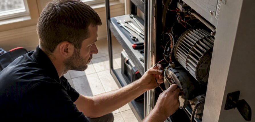 Technician removing AC blower motor in home