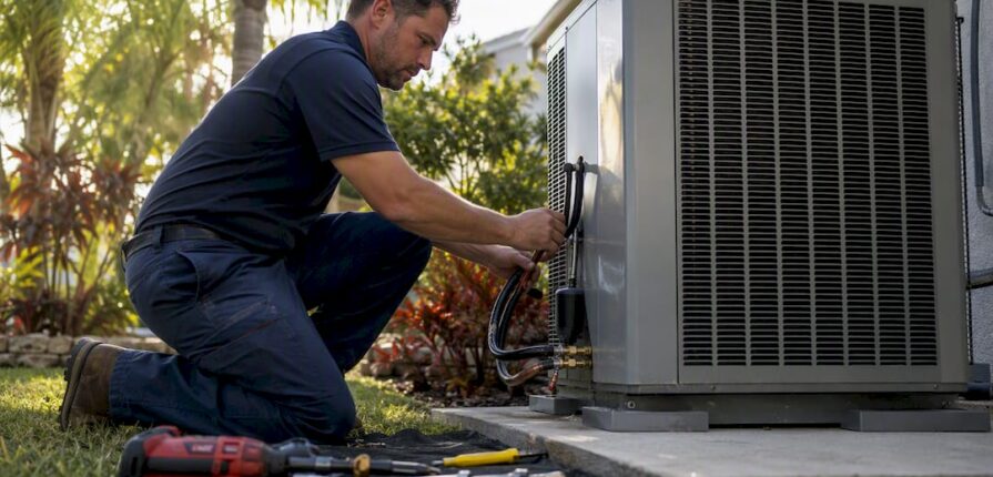 HVAC technician installing outdoor AC unit