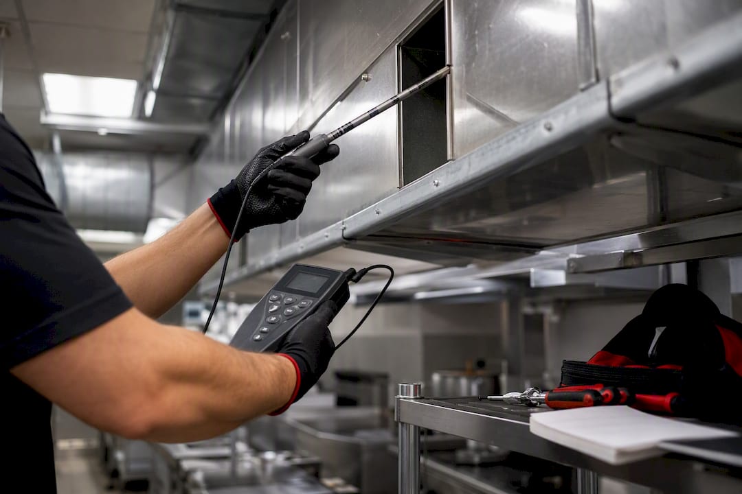Technician measuring airflow near kitchen exhaust hood