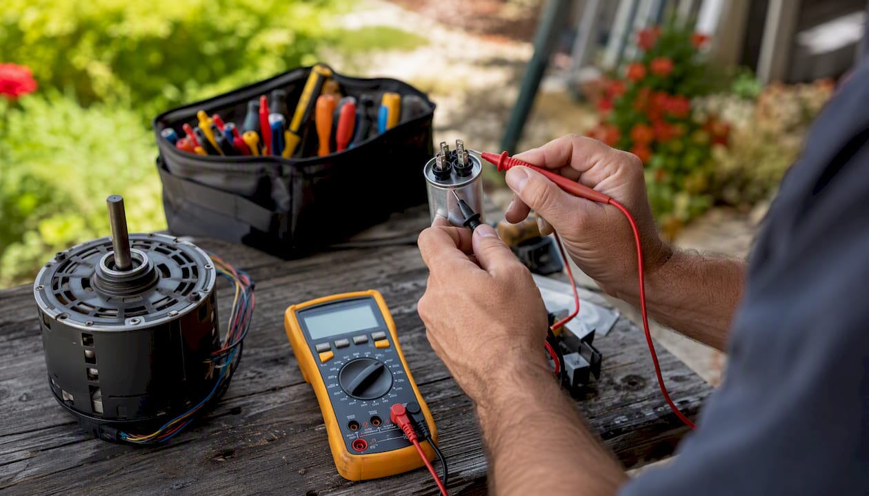 Technician testing AC capacitor with multimeter