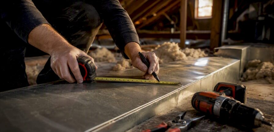 Technician measuring sheet metal duct in attic