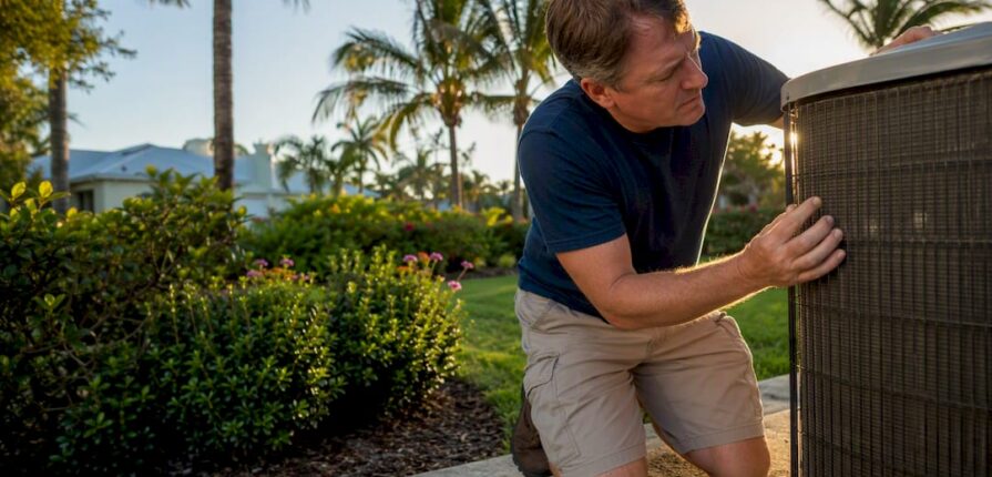 Homeowner inspecting outdoor AC condenser coil