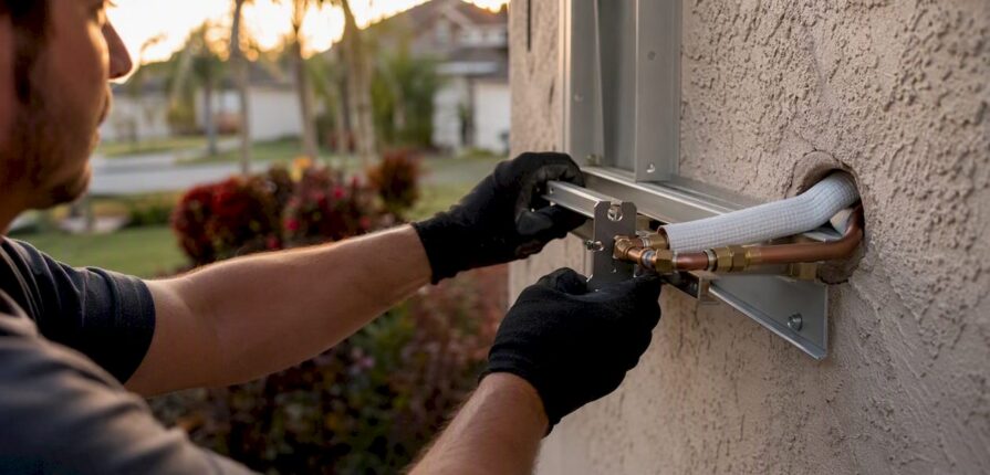 Technician installing ductless mini-split unit outside Florida home