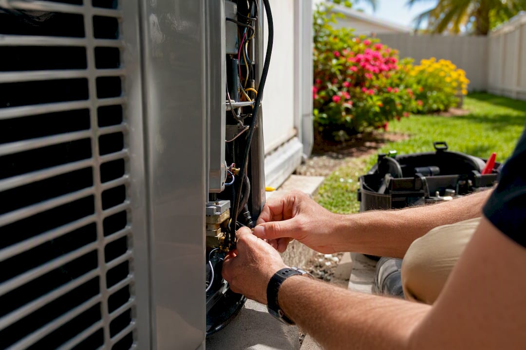 Technician hands installing heat pump unit