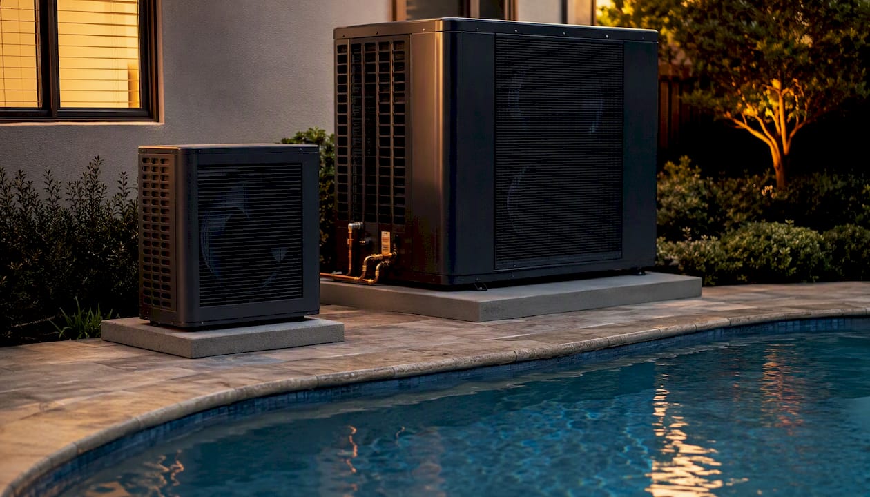 Two pool heat pump units side by side outdoors