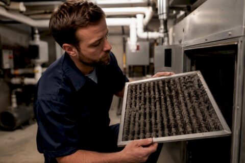 Technician removing air filter in hotel HVAC room