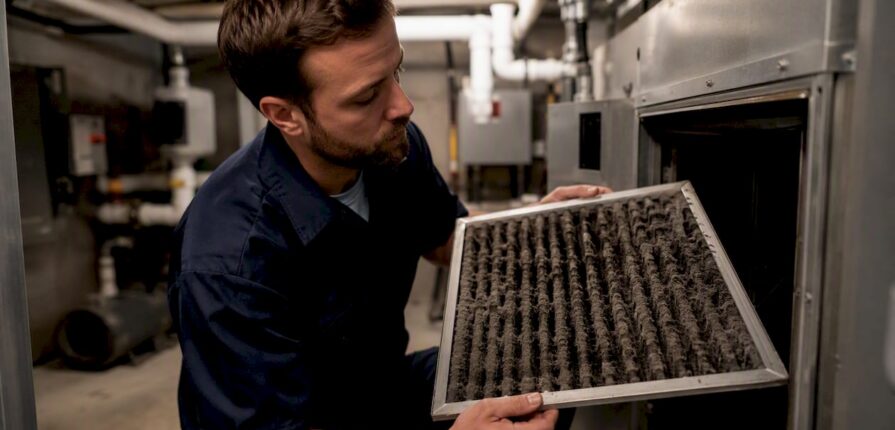 Technician removing air filter in hotel HVAC room