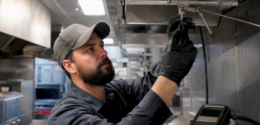Technician adjusting restaurant kitchen ventilation damper