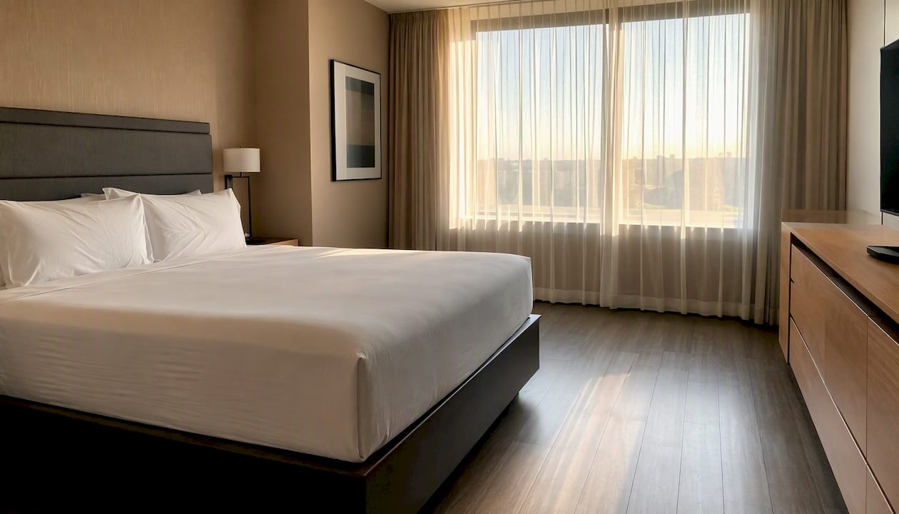 Hypoallergenic hotel room with hard flooring and encased bedding