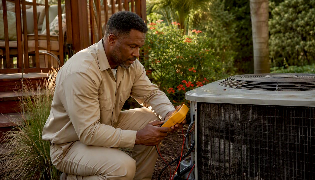 HVAC technician performing outdoor system inspection