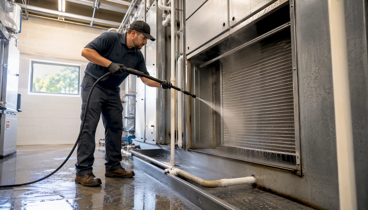 Technician steam-cleaning HVAC coil fins