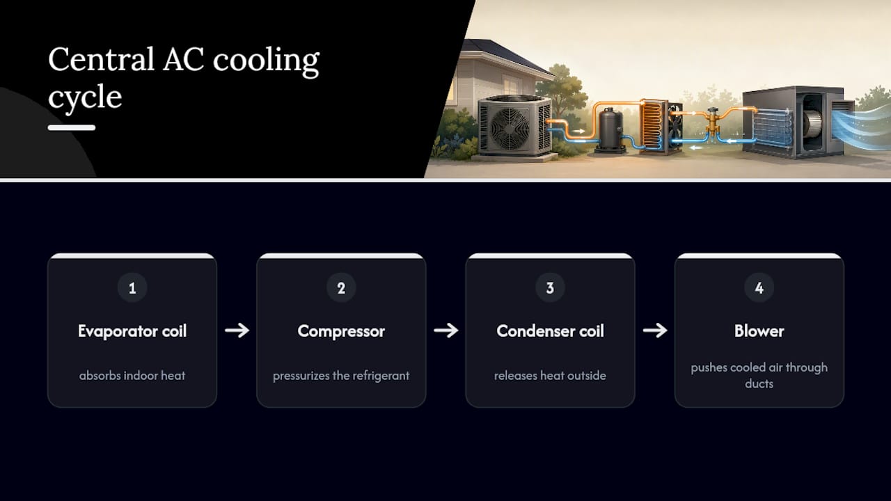 Four-stage central AC cooling cycle