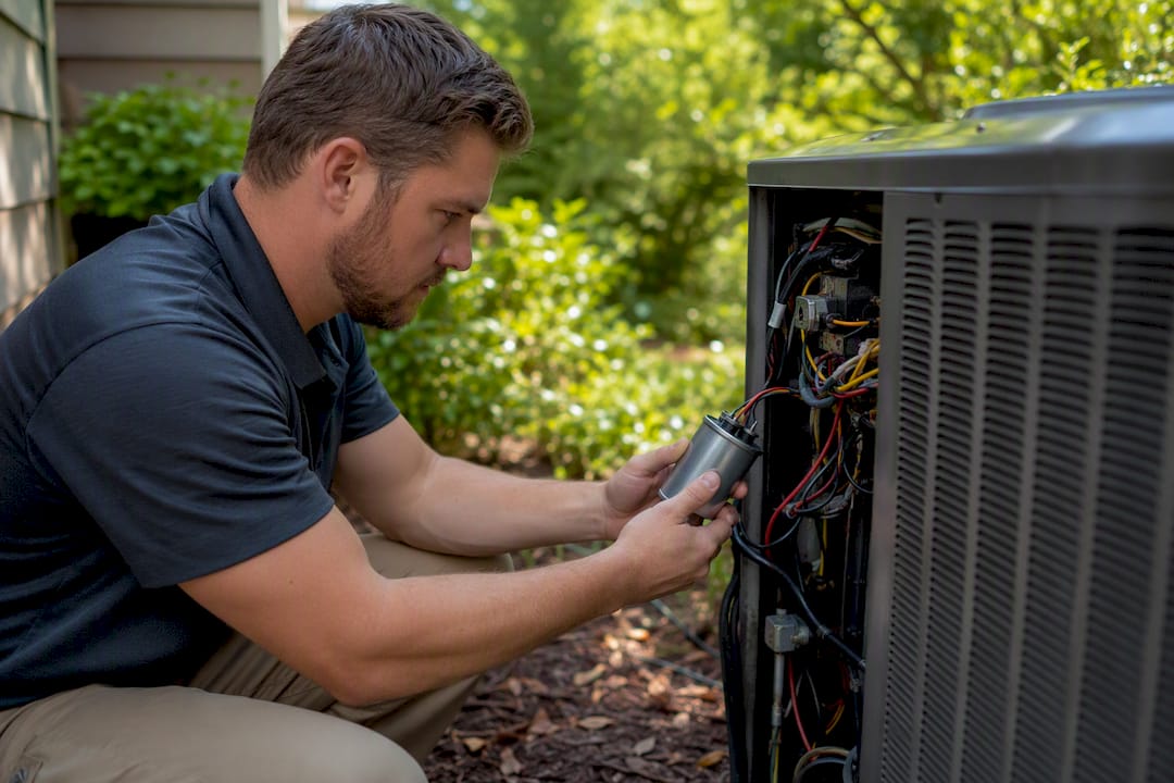 Technician inspecting AC capacitor in electrical panel
