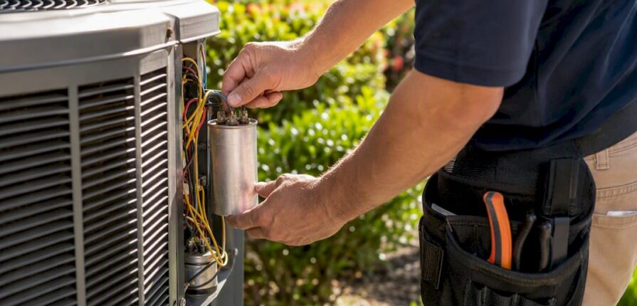 Technician replacing AC capacitor outdoors